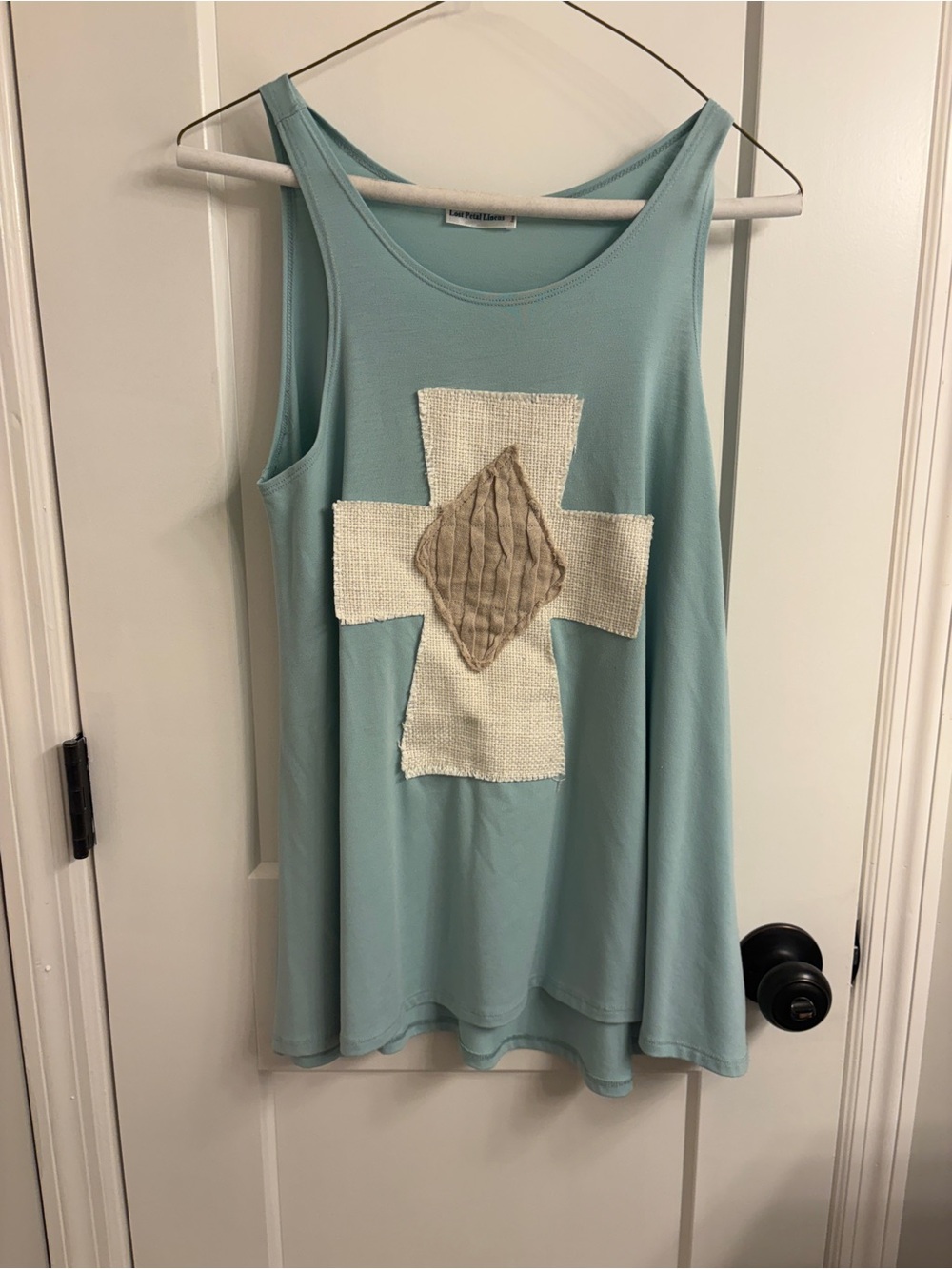 Light Blue Sleeveless Tank with Textured Cross Appliqué